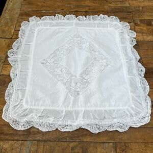 Pillow Sham Square 22 x 21" White Lace Edge Crochet Diamond Cottage Romantic